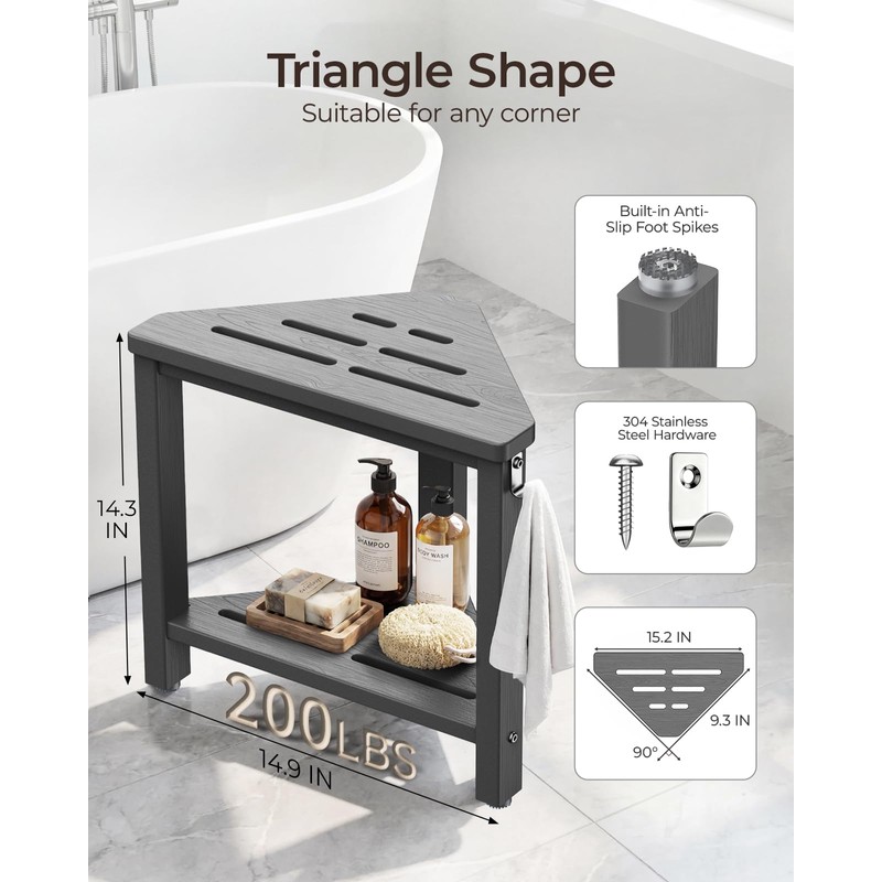 15" Shower Foot Rest with Side Hook, HDPE Waterproof Corner