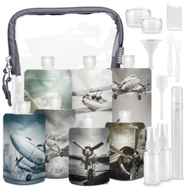 BORSALI Botellas de tamaño de viaje para artículos de cambiador 3-1-1 con bolsa de aseo cosmética aprobada por la TSA, reutilizables, de 3 onzas, peso ligero, juego de 18 piezas, incluye mini atomizador aspiradora y más, cierre gris