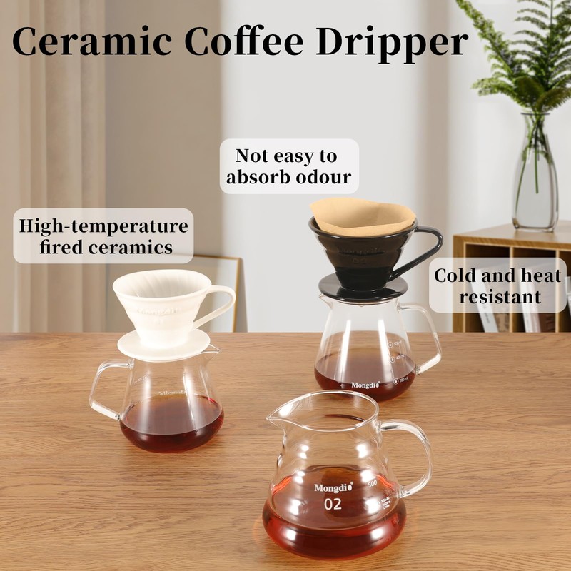 Mongdio V60 Ceramic Pour Over Coffee Dripper, Reusable Porcelain Portable