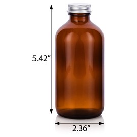 JUVITUS (4 Pack) 8 oz Amber Glass Boston Round Bottle with Silver Metal Screw On Cap Refillable Empty Storage Containers