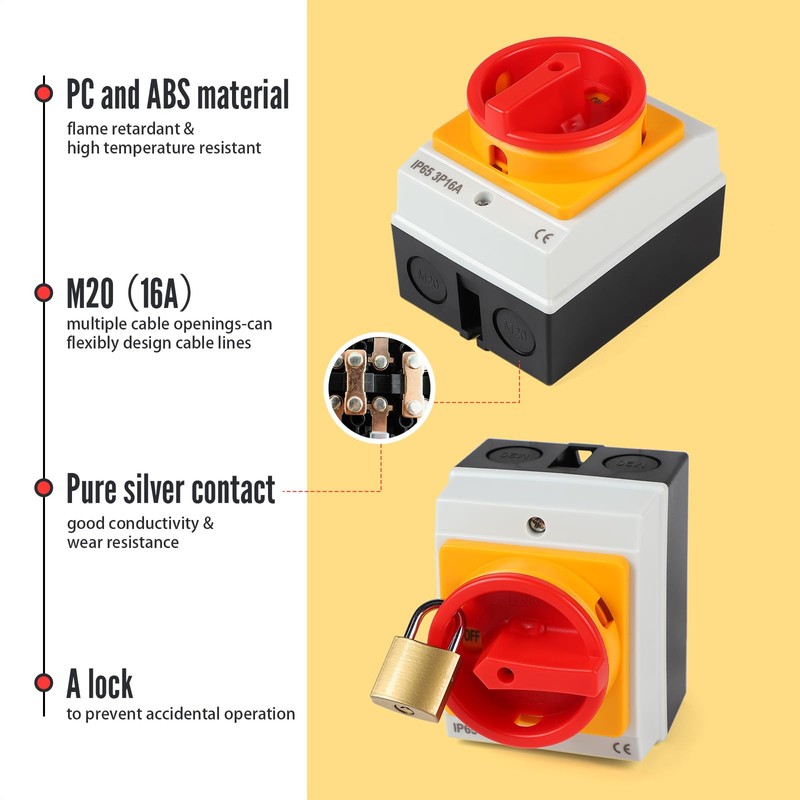 SWAWIS 16A Main Switch Circuit Breaker 3-Pin Load Disconnector IP65