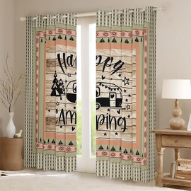 Feelyou Camper Curtains (2 Panels, 52 x 63 Inch) Happy Camping 30%-50% Blackout Curtains Southwestern Camper Accessories Travel Trailers Wood Grain Vinatge Darkening Drapes Orange Window Treatments