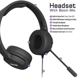 Maxell Kids Overear Headset with Boom Mic -Safe Listening with 85dB-95dB Volume Limiting, Flexible Boom Mic, Chew Proof Cord, Mute & Volume Control, Share Port