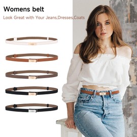 Asaloy Women's Thin Leather Belts with Turn Lock Buckle,Belt Women Adjustable for Pants Dresses Jeans Coats (Caramel Belt Gold Buckle+Black Belt Gold Buckle（2 piece）, Waist Size Below 37 Inches)