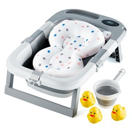 Collapsible Bathtub Baby for Infants & Newborns w/Thermometer, Drain Plug with Heat Sensor & Scoop – Compact Travel Baby Bath Space-Saving Bath for Travel, Shower & Small Bathrooms