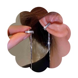 Aneneiceera Boho CZ Circle Cuff Earrings Silver Crystal Long Chain Dangle Earrings Tassel Rhinestone Ring Helix Chain Earring Not Pierced Clip On Earrings Jewellery for Women and Girls, Metal