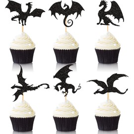 36 piezas de decoración de magdalenas de dragón, color negro, brillantina, decoración de dinosaurio, para baby shower, fiesta, niños, cumpleaños, fiesta temática, suministros de decoración, 6 estilos