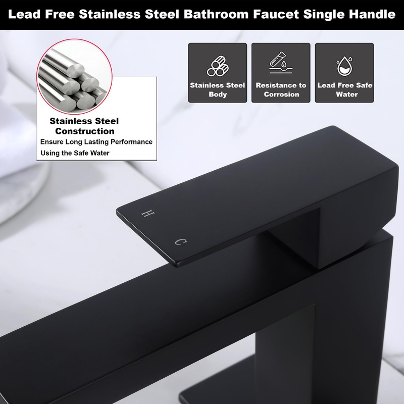 AmirLans Black Faucet Bathroom, Stainless Steel Matte Black Bathroom Faucet