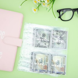 Antner 52 Week Money Saving Challenge A5 Binder Inserts Cash Envelopes for A5 Planner Binder, Pre-Printed 1-52 Weeks Money Pouches Cash Stuffing Envelopes Clear Sleeves for Savings Binder, 13 Sheets