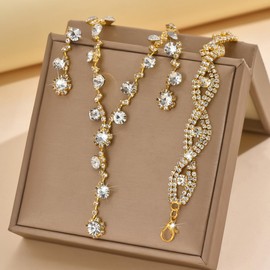 Fashband Silver Bride Necklace Tassel Earrings Set Bridal Wedding Jewelry Sets Rhinestone Prom Necklaces for Women (Gold)