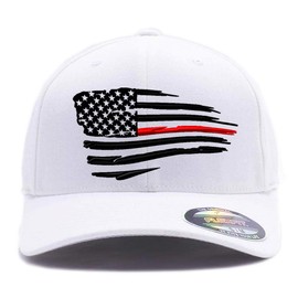 Tactical Thin Lines, Thin Red/Blue/Green/Yellow Line Waving American Flag hat, Custom Embroidered Flexfit (L/XL, White)