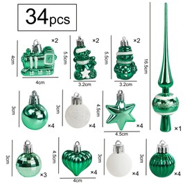 Set of 34 Sea Green Christmas Baubles with Tree Topper, Diameter 3/4.5/5.5 cm, Small Christmas Tree Baubles, Plastic Baubles, Mini Christmas Decoration, Table Decoration, Christmas Tree Decoration