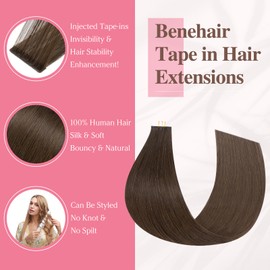 Benehair Tape in Hair Extensions Human Hair Invisible Skin Weft Remy #2 Dark Brown Seamless Injected Hair Extensions Real Human Straight 10 Pcs 20 Inches (25g)