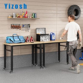 Yizosh 48" Adjustable Portable Workbench with Wheels, Rubber Wood Top, Heavy Duty 2000 LBS Load Capacity, Garage & Workshop Workbench with Storage