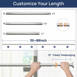 ENJOYBASICS Shower Curtain Rod 30 to 88 Inches, 1 Inch Stainless Steel Adjustable Spring Tension Rods No Drill for Bathroom, Closet, Window, Room Divider, Never Rust, Non Slip, Nickel