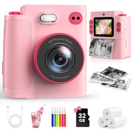 MYSTILUCK Instant Camera Children, 1080P HD Children's Camera Instant Camera with 32GB Card & Printer Paper, Children's Toy Birthday and Christmas Gifts for Boys / Girls 3-12 Years (Pink)