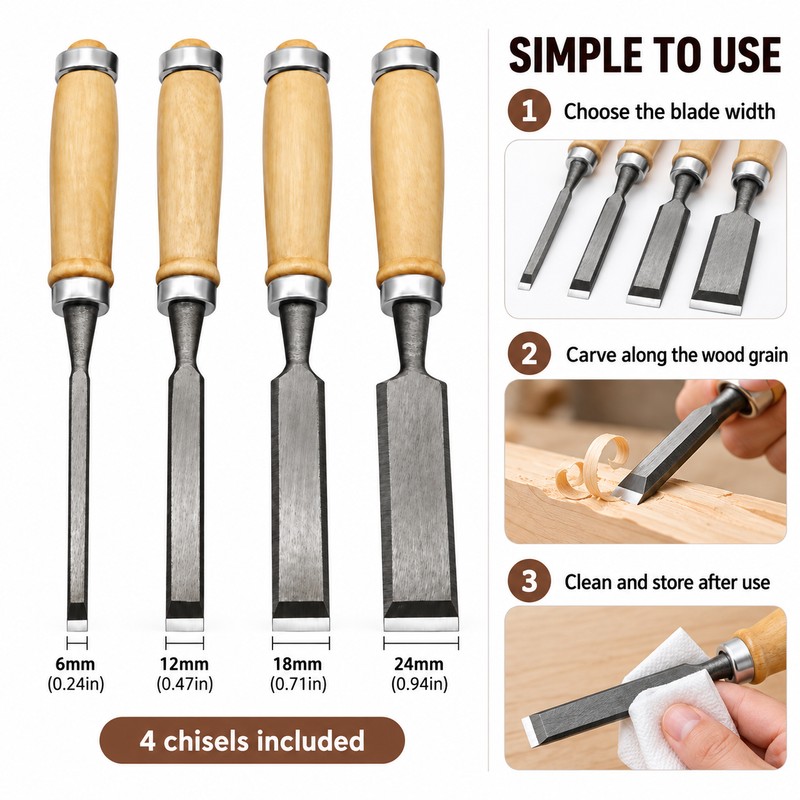 4-Piece Wood Chisel Set for Woodworking – 8/12/16/20mm Carving Chisels