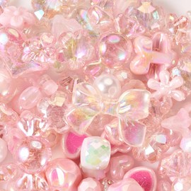 Boutigem 60pcs Pink Acrylic Beads Set with Pink Hearts Bow Candy Flowers Plastic Beads for Bracelet Necklace Jewelry Making DIY Crafts
