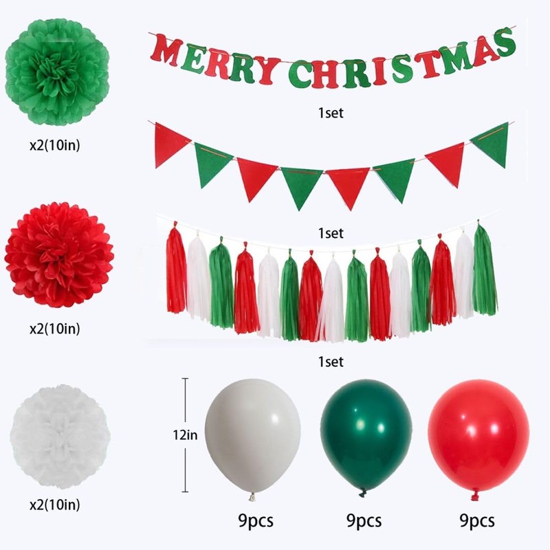 Merry Christmas Banner Christmas Decorations with 30pcs Red Green White