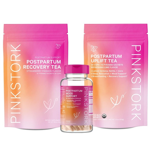 Pink Stork Postpartum Bundle: Postpartum Recovery & Mood Support, Postnatal Vitamins for Breastfeeding & Lactation Support, Healthy Mood & Hormone Balance for Women with Ashwagandha, Women-Owned