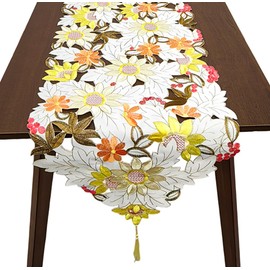 AMZALI Thanksgiving Table Runner 72 inches Long, Cutwork Sunflower Fall Table Runner Embroidered Floral Dresser Scarf for Autumn Holiday Home Kitchen Dining Fall Tabletop Decoration (Runner 15"×72")