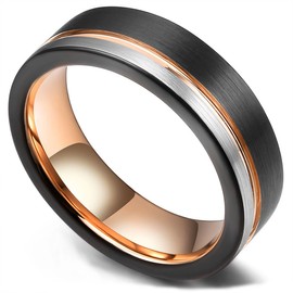 King Will LOOP Tungsten Carbide Wedding Band 6mm Rose Gold Line Ring Black and Silver Brushed Comfort Fit 7