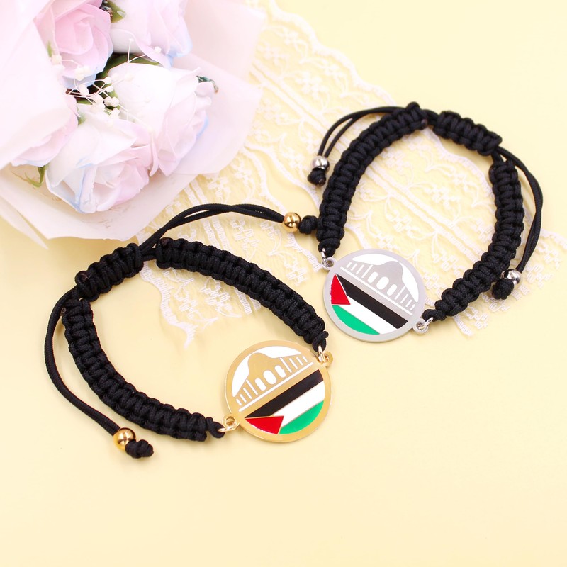 JunyiDIY Gold Al-Aqsa Mosque Palestinian Flag Faith Bracelet, Black Woven