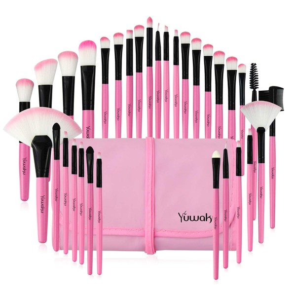 Yuwaku Pink Makeup Brush Set, 32pcs Premium Synthetic Brushes, Kabuki Foundation Brush Blending Face Powder Blush Concealers Eye Shadows Cosmetic Brushes Kit with Nylon Bag