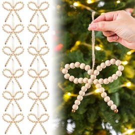 12 Pcs Bow Christmas Tree Ornaments Wooden Beads Bows Vintage Wood Beaded Bow Ornaments Boho Farmhouse Christmas Tree Hanging Decor for Rustic Wreaths Garland Home Decor