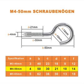 MOGADEE® Pack of 30 Screw Hooks, Stainless Steel, Ceiling Hooks, Hook Screw, Hooks for Screwing in, Robust Cup Hooks (M4-50 mm)
