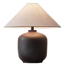 PURESILKS Modern Minimalist Table Lamps, Rustic Farmhouse Ceramic Table Lamp, 16.53" Tall Desk Lamp with Off-Black Linen Drum Lampshade Decor for Living Room Bedroom Bedside Nightstand (Black)