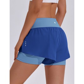 PINSPARK - Pantalones cortos deportivos 2 en 1 para mujer, pantalones cortos para correr, cintura alta, para gimnasio, entrenamiento, con bolsillos laterales, Azul, Large