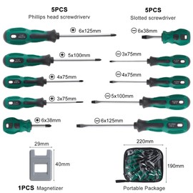 Moendergo 10-piece magnetic screwdriver set, includes 5 Phillips screwdrivers and 5 slotted screwdrivers, with magnetizer, screwdriver set for attaching and loosening