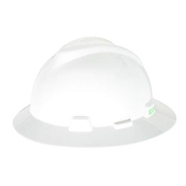 MSA (Mine Safety Appliances) 475369 White V-Gard Polyethylene Slotted Full Brim Hard Hat With Fas Trac Ratchet Suspension, English, 46.02 fl. oz., Plastic, 1" x 1" x 1"