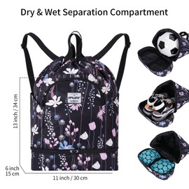 HAWEE Dry Wet Drawstring Backpack with Shoe Compartment for Women/Men/Girls/Boys Waterproof Yoga String Bag Outdoor Sports Rucksack for Gym/ Beach/ Swim Pool, Dreamy Flower