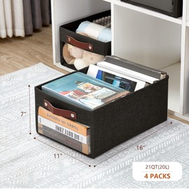 Roobyl Medium Storage Baskets with Clear Window, See Through Closet Organizer with PU Handles, Linen Foldable Storage Bins for Organizing Clothes, Toys, Books (Black)