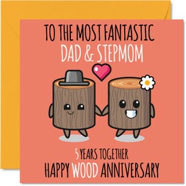 Cute Wooden Anniversary Card for Dad & Step Mom - 5 Years Together - Happy 5th Wedding Anniversary Cards for Step Mom Dad, 5.7 x 5.7 Inch Greeting Cards for Fifth Anniversaries