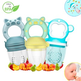 Chupones/Chupetes Ergonómicos para Frutas, Papillas y Cereales con Seguro y Tapa Protectora Libre de BPA, 3 Piezas Unisex de 4m+ (Pig - Azul / Dino - Verde Amarillo / Monkey - Azul)