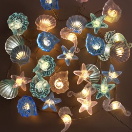 YUELEBUY Ocean Themed String Lights Beach Décor Seashell Seahorse Conch Starfish Marine Life Lights 10FT 30LED Battery Operated with Remote and Timer for Holiday Camping Wedding Christmas Tree Decor