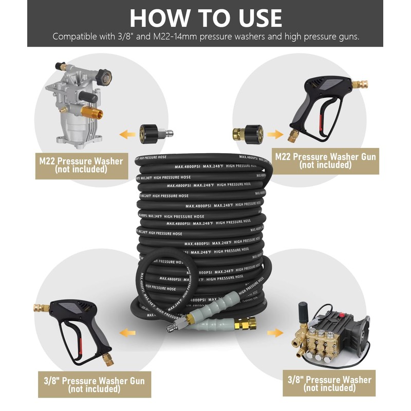 NAVOHEVEN 3/8" Pressure Washer Hose 50FT 4800 PSI, Kink Resistant