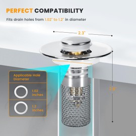 BOTEMY Bathroom Sink Drain Strainer,Pop-up Bathroom Sink Stopper fits 1.02"-1.2" Bathroom Sink Drain Holes in Diameter, Bathtub Drain with Removable Strainer Basket Hair Catcher(2 PCS, Silver)