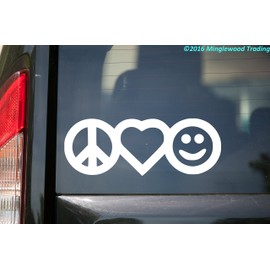 Minglewood Trading Peace Love Happiness Vinyl Decal Sticker 7" x 2.5" Peace Sign Heart Smiley Face Black