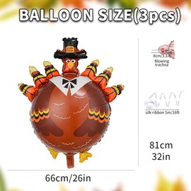 Thanksgiving Turkey Balloons Fall Harvest Turkey Foil Balloons for Thanksgiving Party Decorations Themed Party Supplies Thanksgiving Party Favors Fall Balloons Party Sets 3PCS