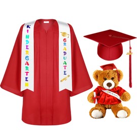 7 Pcs Unisex Matte 2023 Kindergarten Preschool Graduation Gown and Cap with 2023/2024 Tassel Sash Plush Stuffed Bear Sets (Red, 27)