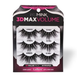 Laflare 3D NY MAX VOLUME 20-25mm Long Dramatic Styles, 100% Real Mink Hair Lashes, Luxury Makeup, Natural, Light, Trendy, Variety, Reusable, Multi-Layered 3 Pairs Value Pack Lashes