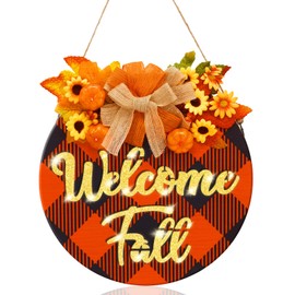 AnyDesign Fall Welcome Door Sign Light Up Fall Front Door Sign Black Orange Plaid Round Pumpkin Flower Door Hanger Rustic Wood Hanging Sign for Thanksgiving Autumn Farmhouse Outdoor Wall Porch Decor