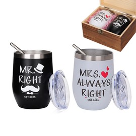 Mr. and Mrs. Right Wine Tumbler Set with Wooden Gift Box, Insulated Stainless Steel, EST. 2025 Wedding Gift (White (MRS) &Black(MR))
