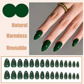 Ceboic Dark Green False Nails Medium Almond French Tip Press on Nails Acrylic Gel Fake Nails Classic Solid Color Removable Full Cover Stick on Nails for Women Girls DIY Manicure Decoration 24 Pcs