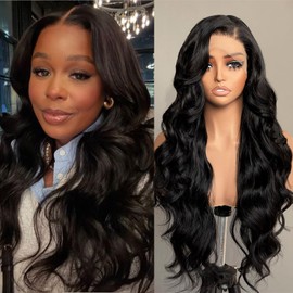 FABÉLLE 26Inch Body Wave Natural Black 13×6 Lace Front Wigs Pre Plucked Glueless Wigs Synthetic Heat Resistant Fiber 130% Density Transparent Lace Front Wigs for Women Beginner Friendly