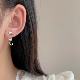 W WEILIRIAN Cat Jacket Earrings for Women Vintage Cat Dangle Earrings Silver Cat Stud Earrings 3D Cat Earrings Two Ways Studs Earrings Front Back Earrings Jewelry for Girls Cute Gifts